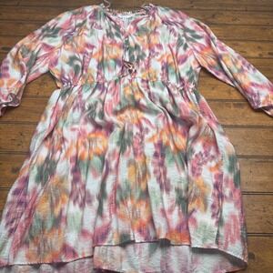 Time and Tru Womens XXXL 22 Multi Color Ikat Print Ruffle Neck Tie Front Dress